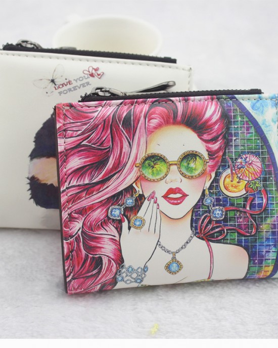 New short wallet Cartoon Graffiti Print Double Zipper Mini Student Coin Purse for Women