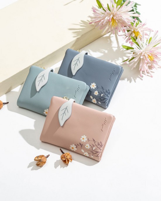 Pruti's new women's short wallet, Korean print, zipper, leaf clasp, student wallet with large capacity