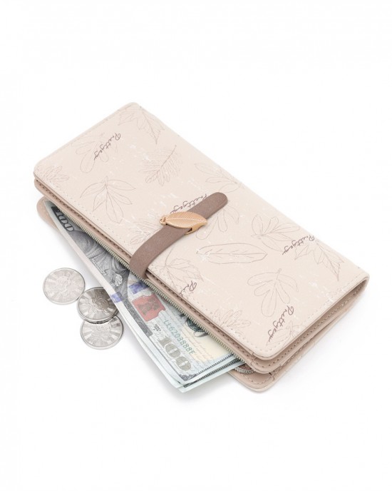 Lianbu women's long multifunctional Korean style PU clutch, large capacity, leaf print buckle zipper wallet Lianbu women's long multifunctional Korean style PU clutch, large capacity, leaf print buckle zipper wallet