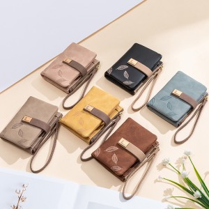 New cross-border retro casual drawstring women's wallet, leaf PU wallet, short female wallet, student coin purse