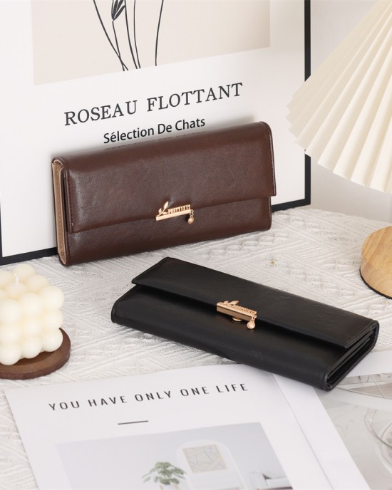 New cross-border women's wallet, long, Japanese and Korean style, fresh, solid color, PU leaf pendant, large-capacity clutch, wholesale.