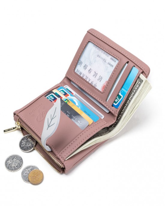 Pruti's new women's short wallet, Korean print, zipper, leaf clasp, student wallet with large capacity