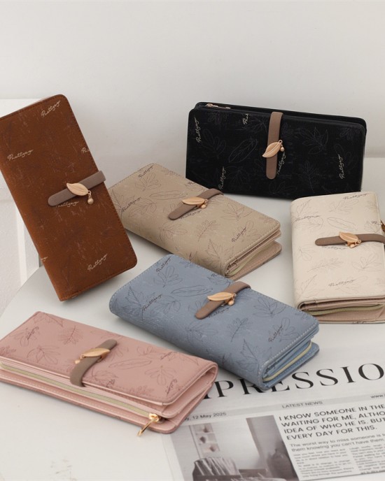 Lianbu women's long multifunctional Korean style PU clutch, large capacity, leaf print buckle zipper wallet Lianbu women's long multifunctional Korean style PU clutch, large capacity, leaf print buckle zipper wallet