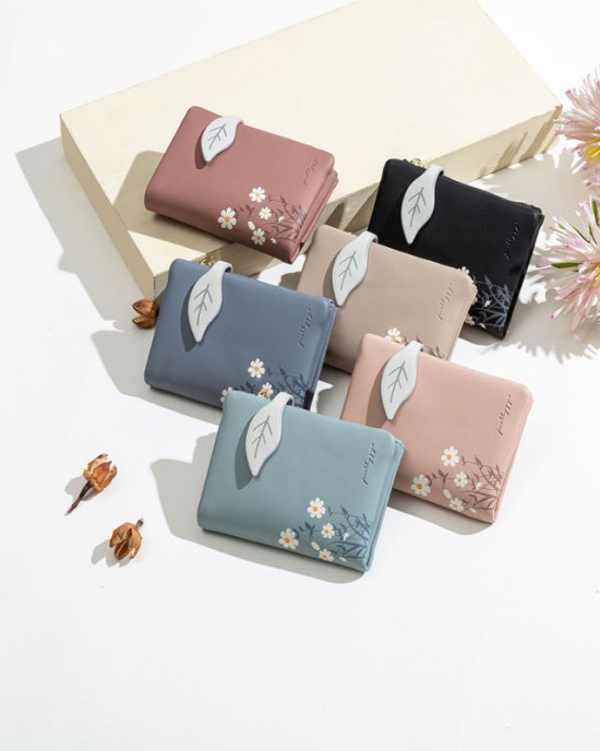 Pruti's new women's short wallet, Korean print, zipper, leaf clasp, student wallet with large capacity