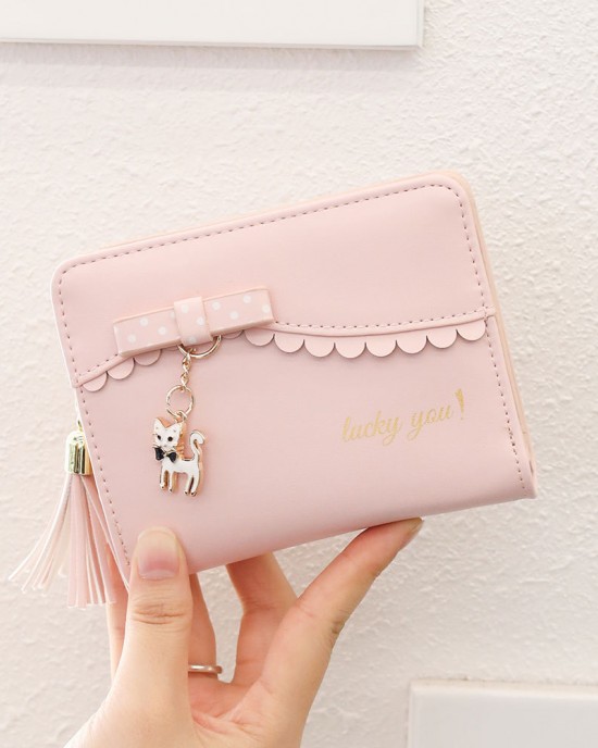 Cross-border Taobao bestseller, women's short wallet, foldable, fresh bow, kitten pendant, student wallet in stock Cross-border Taobao bestseller, women's short wallet, foldable, fresh bow, kitten pendant, student wallet in stock