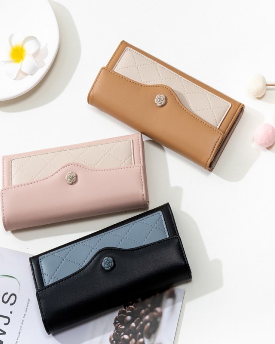 Factory wholesale women's long wallet, 2022 new Japanese and Korean soft PU leather, stylish, simple, buckle, clutch, tri-fold bag Factory wholesale women's long wallet, 2022 new Japanese and Korean soft PU leather, stylish, simple, buckle, clutch, tri-fold bag