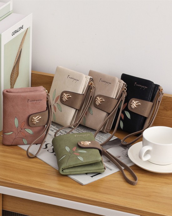 Lianbu new women's short wallet, two-fold, soft PU wallet with fashionable leaf print, buckle, zippered wallet, student wallet. Lianbu new women's short wallet, two-fold, soft PU wallet with fashionable leaf print, buckle, zippered wallet, student wallet.