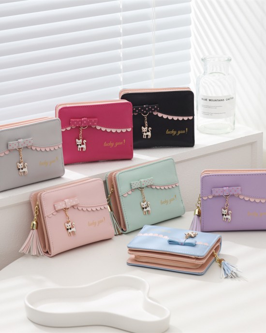 Cross-border Taobao bestseller, women's short wallet, foldable, fresh bow, kitten pendant, student wallet in stock Cross-border Taobao bestseller, women's short wallet, foldable, fresh bow, kitten pendant, student wallet in stock