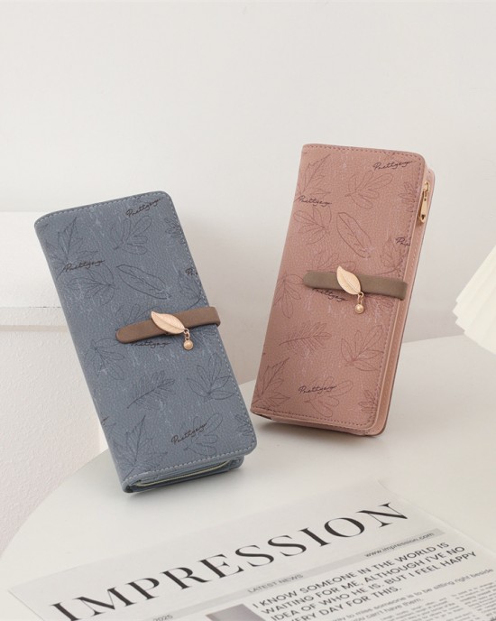 Lianbu women's long multifunctional Korean style PU clutch, large capacity, leaf print buckle zipper wallet Lianbu women's long multifunctional Korean style PU clutch, large capacity, leaf print buckle zipper wallet
