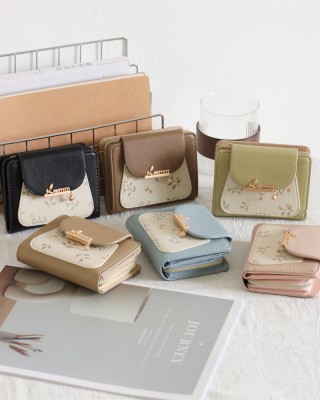 Cross-border foreign trade new short Korean-style PU leather small wallet, printed buckle foldable coin coin wallet. Zippered Student Coin and Card Holder