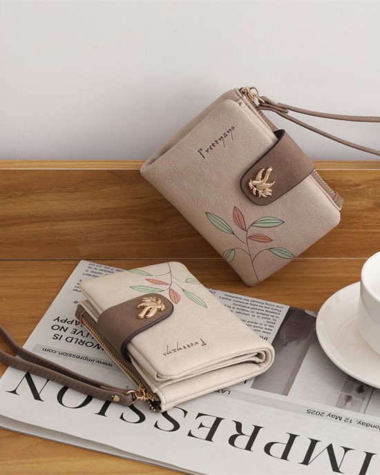 Lianbu new women's short wallet, two-fold, soft PU wallet with fashionable leaf print, buckle, zippered wallet, student wallet. Lianbu new women's short wallet, two-fold, soft PU wallet with fashionable leaf print, buckle, zippered wallet, student wallet.